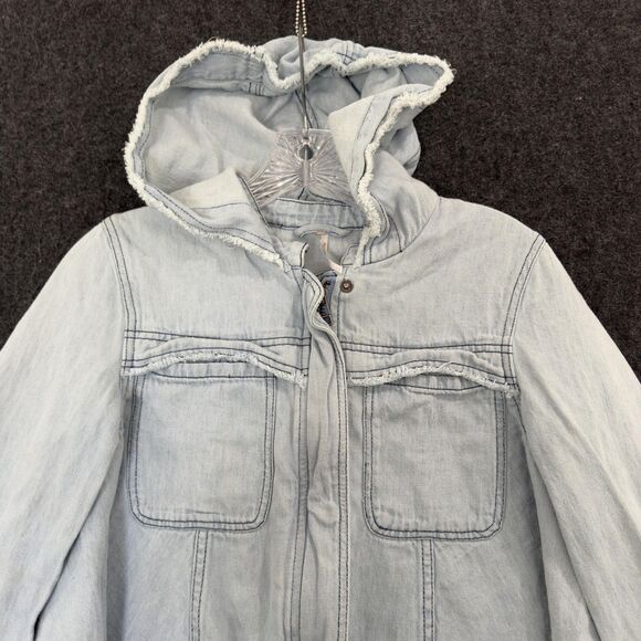 Free People Jacket Women's XS Light Blue Hooded Raw Hem Cropped Denim - Picture 2 of 9